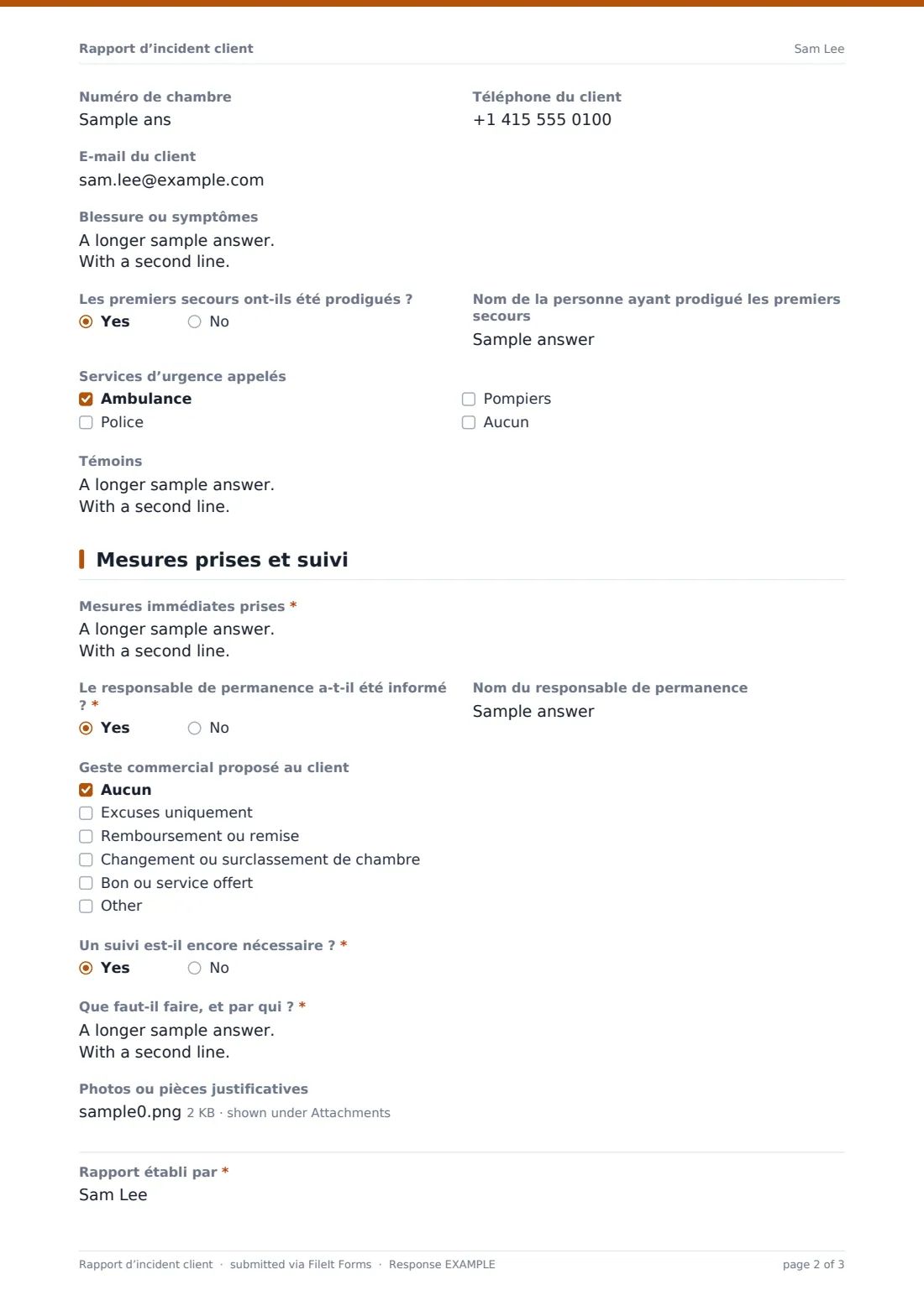 Rapport d’incident client — exemple de réponse au format PDF, page 2 sur 3