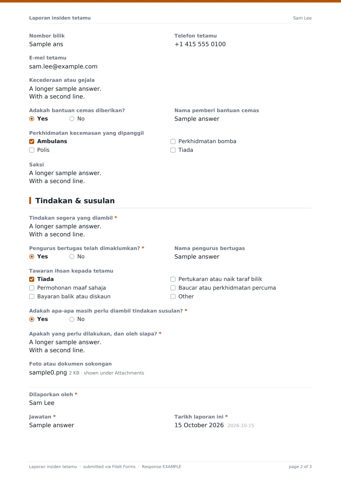 Laporan insiden tetamu — PDF respons contoh, halaman 2 daripada 3