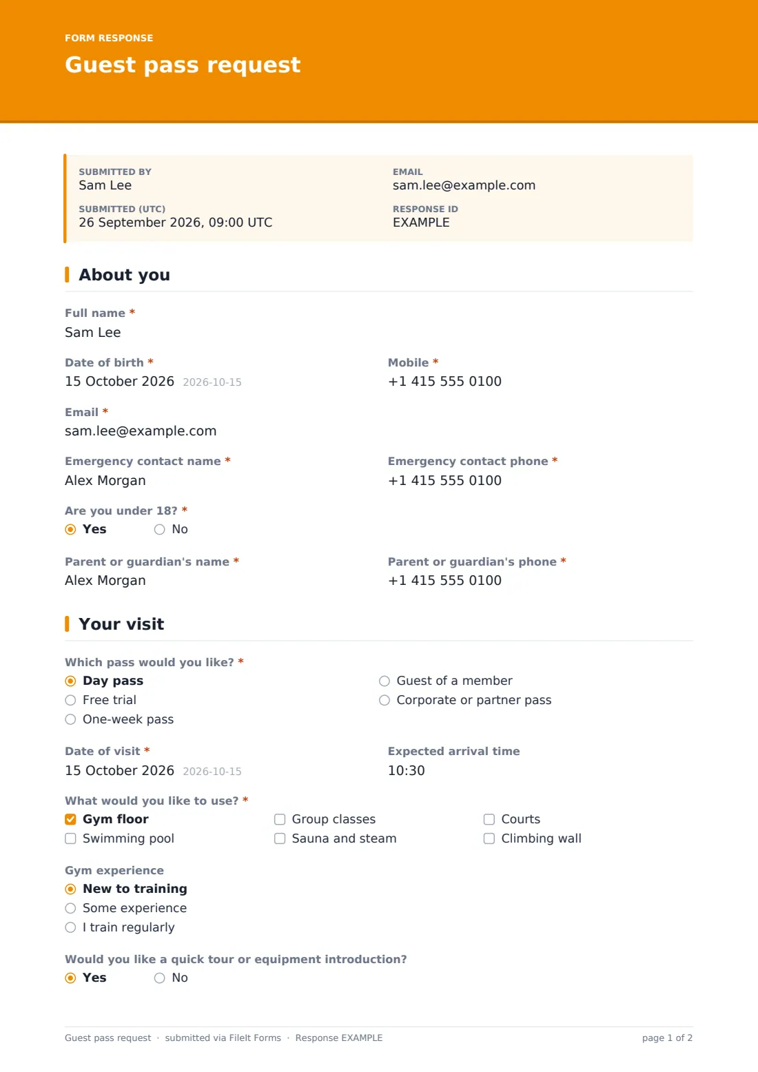 Guest pass request — example response PDF, page 1 of 2
