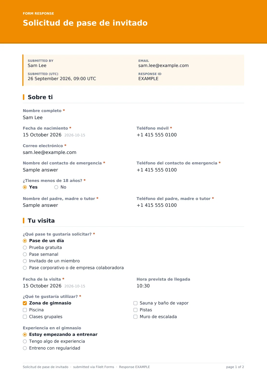 Solicitud de pase de invitado — PDF de respuesta de ejemplo, página 1 de 2