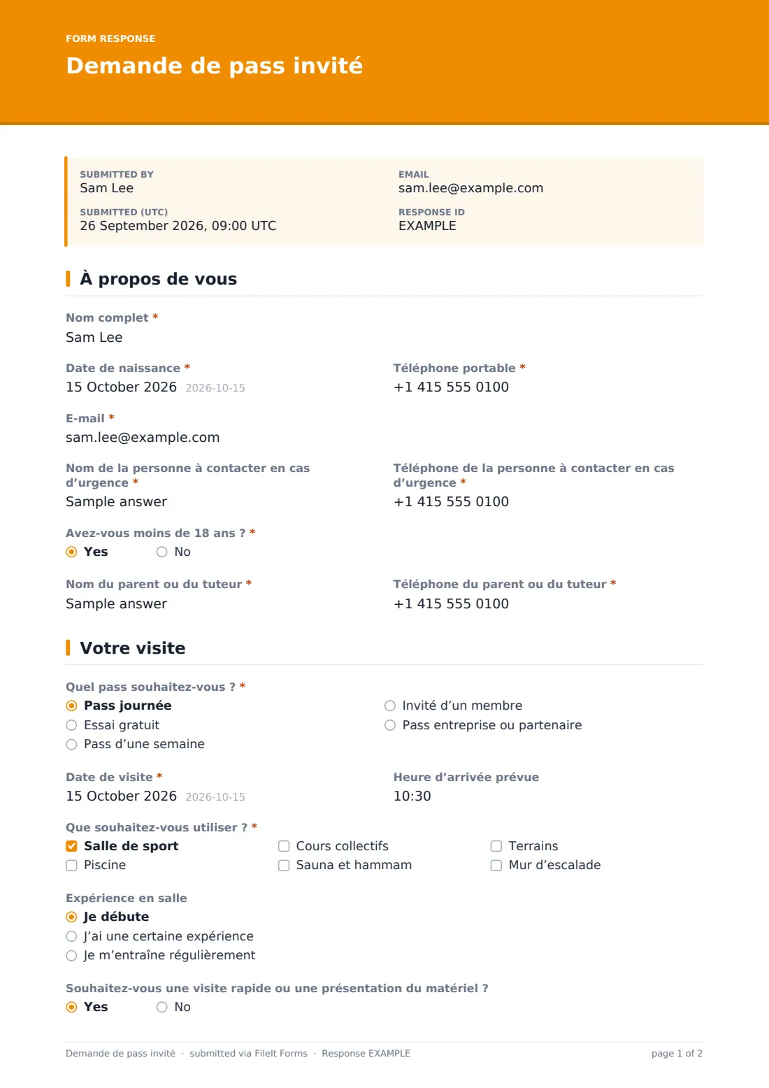 Demande de pass invité — exemple de réponse au format PDF, page 1 sur 2
