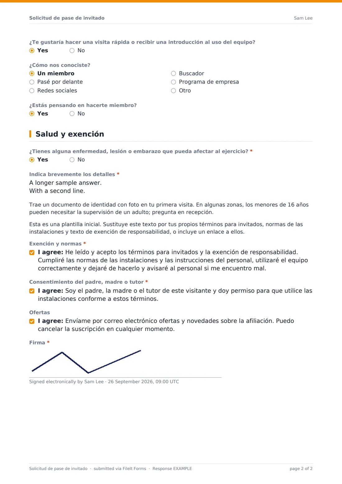 Solicitud de pase de invitado — PDF de respuesta de ejemplo, página 2 de 2