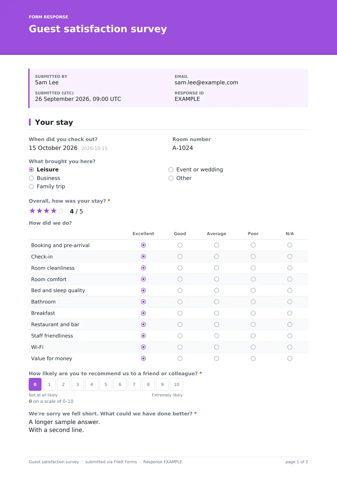 Guest satisfaction survey — example response PDF, page 1 of 2