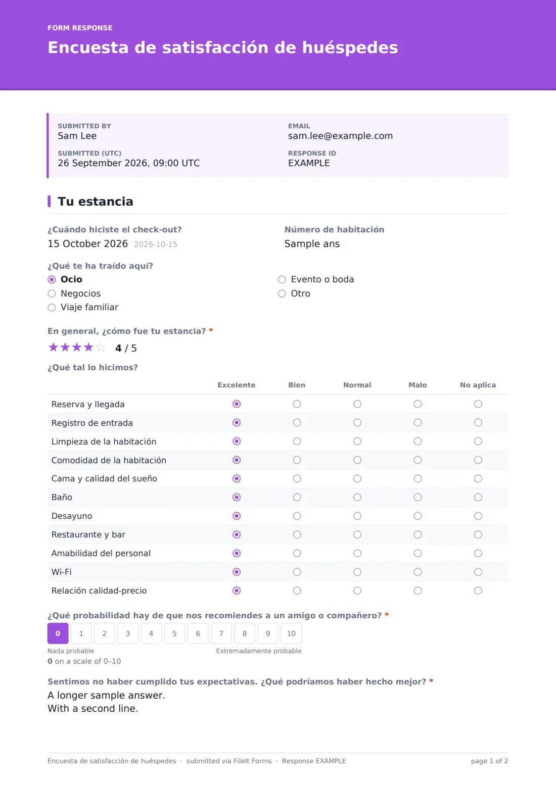 Encuesta de satisfacción de huéspedes — PDF de respuesta de ejemplo, página 1 de 2