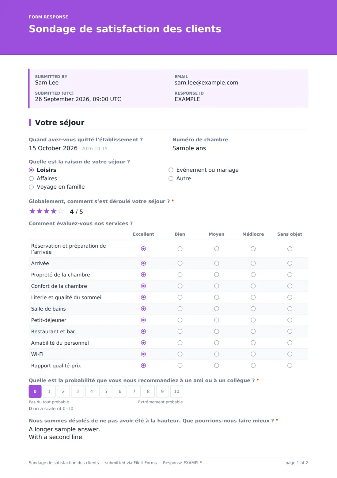 Sondage de satisfaction des clients — exemple de réponse au format PDF, page 1 sur 2