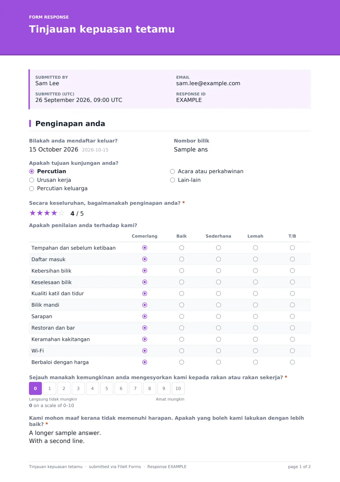 Tinjauan kepuasan tetamu — PDF respons contoh, halaman 1 daripada 2