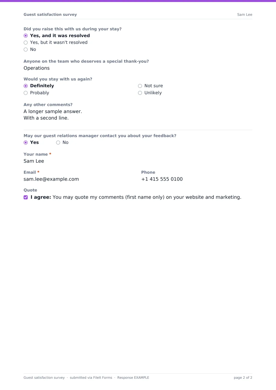 Guest satisfaction survey — example response PDF, page 2 of 2