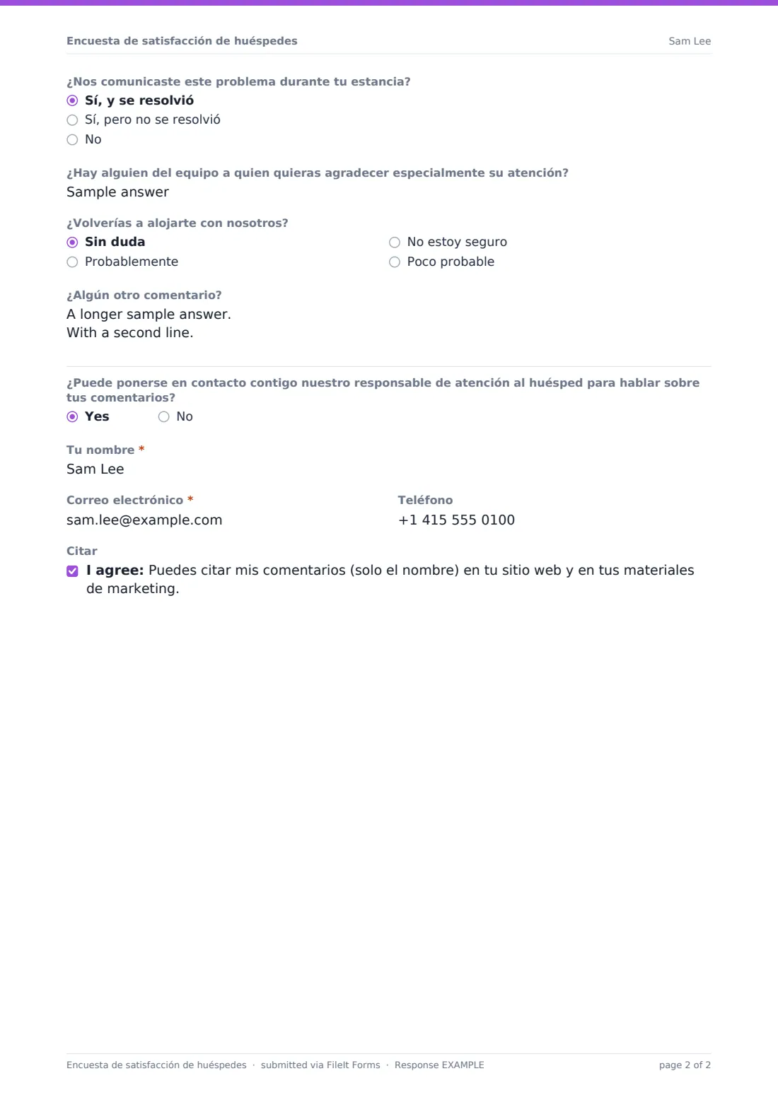 Encuesta de satisfacción de huéspedes — PDF de respuesta de ejemplo, página 2 de 2