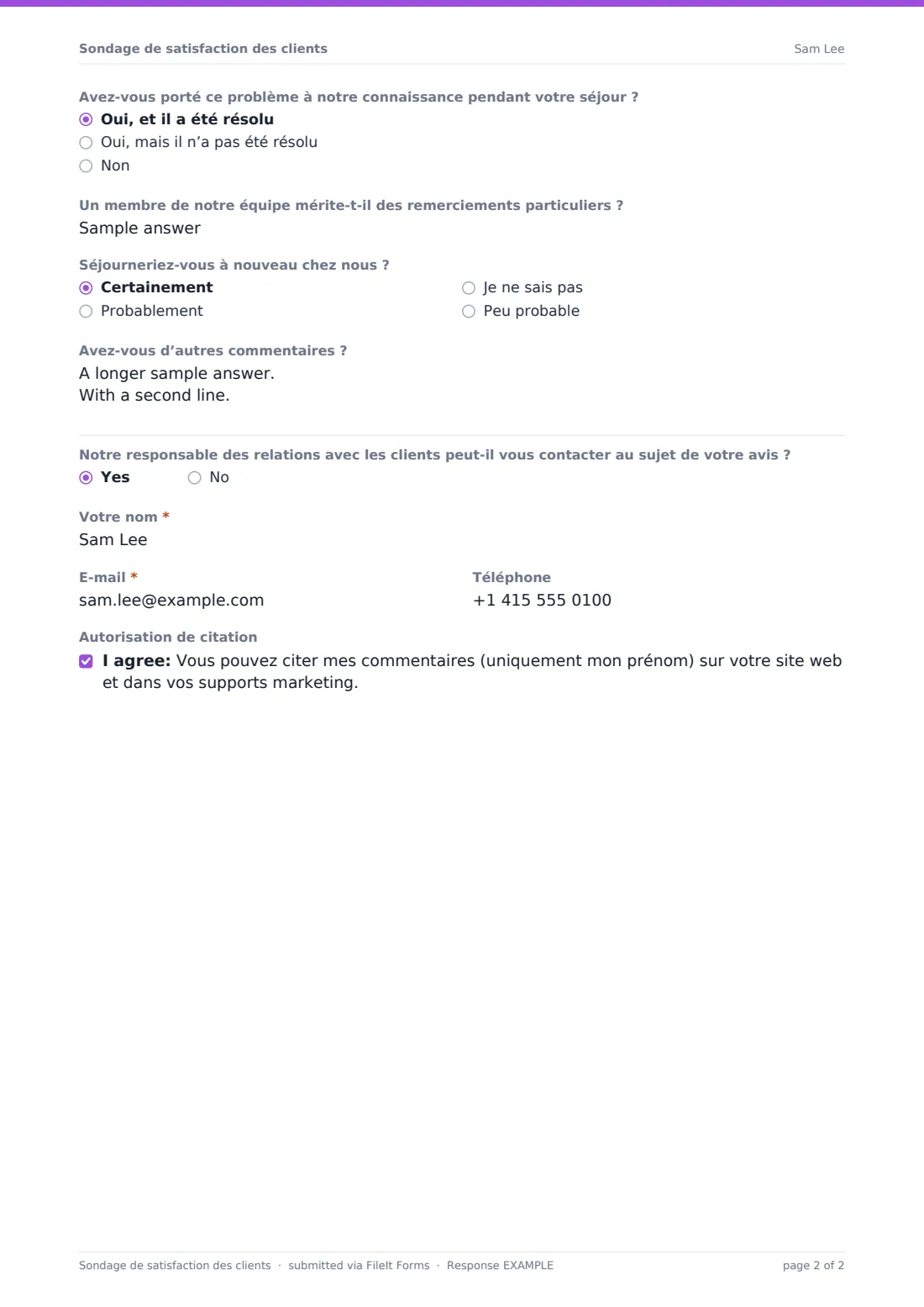Sondage de satisfaction des clients — exemple de réponse au format PDF, page 2 sur 2