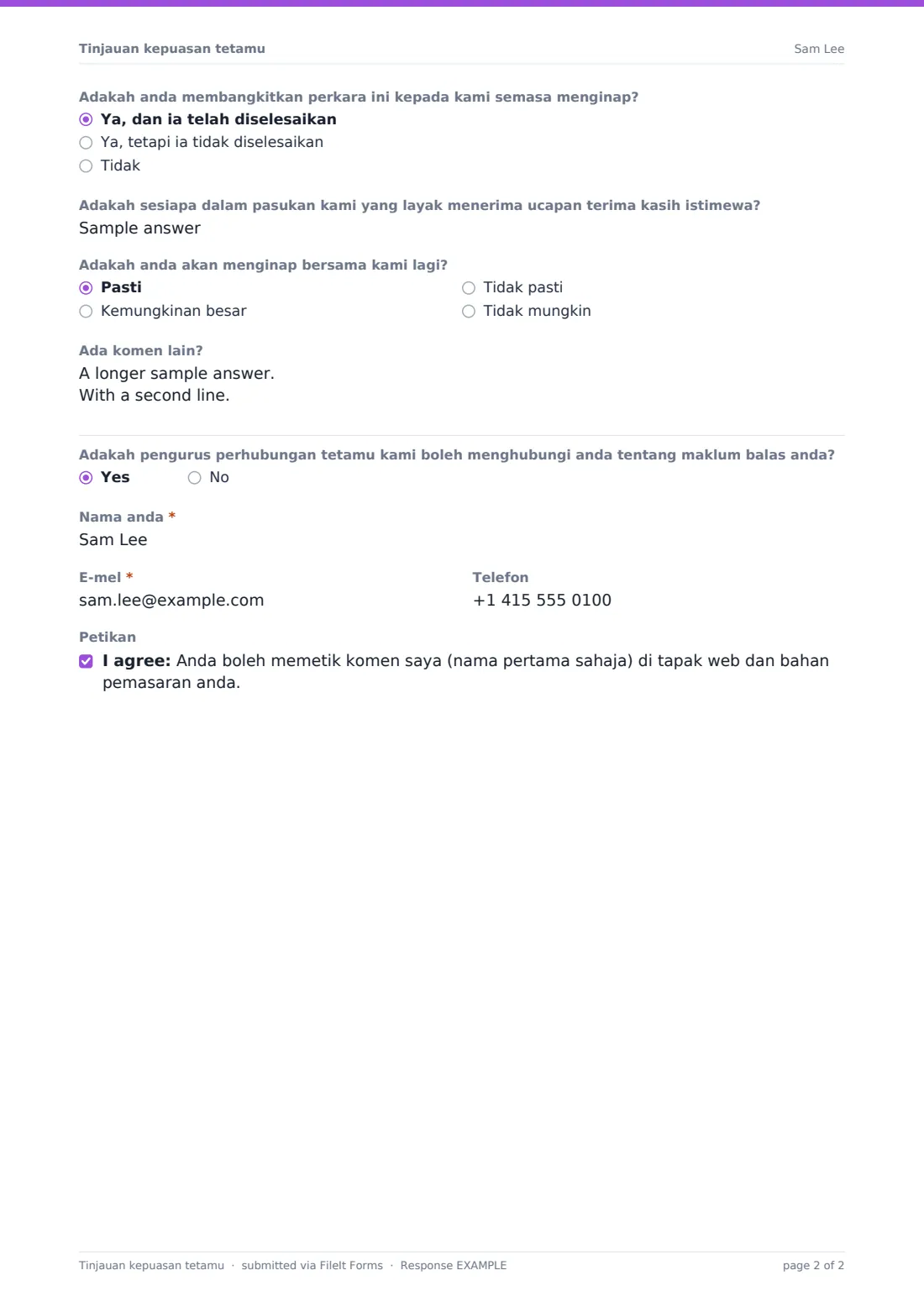 Tinjauan kepuasan tetamu — PDF respons contoh, halaman 2 daripada 2