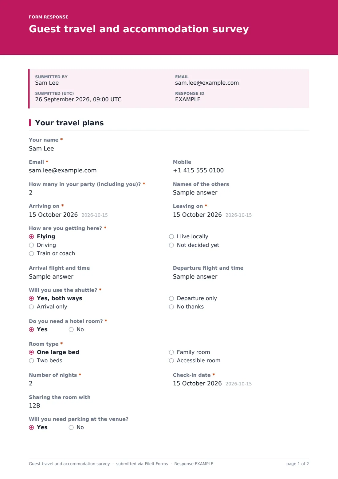 Guest travel and accommodation survey — example response PDF, page 1 of 2