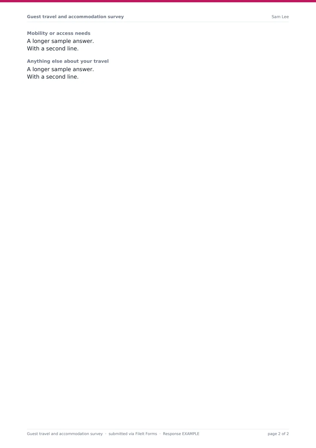 Guest travel and accommodation survey — example response PDF, page 2 of 2