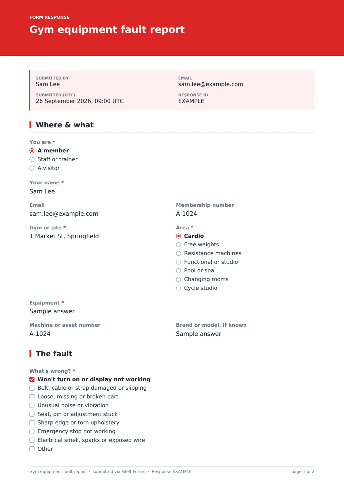 Gym equipment fault report — example response PDF, page 1 of 2