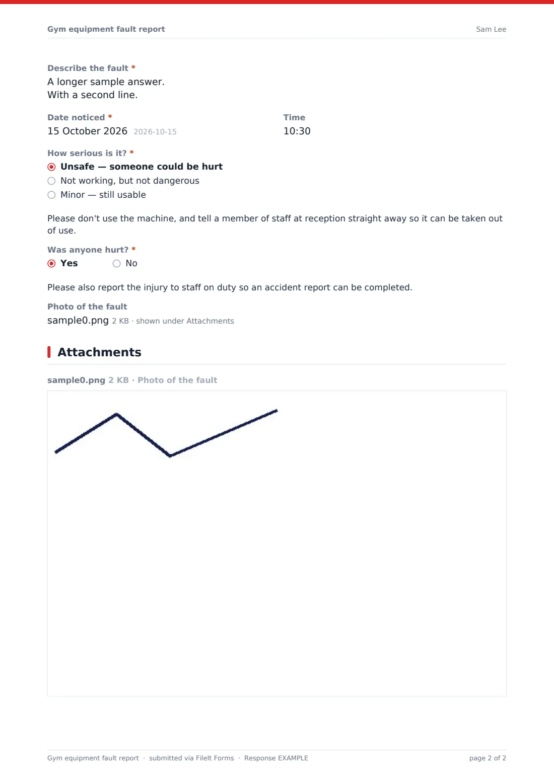 Gym equipment fault report — example response PDF, page 2 of 2