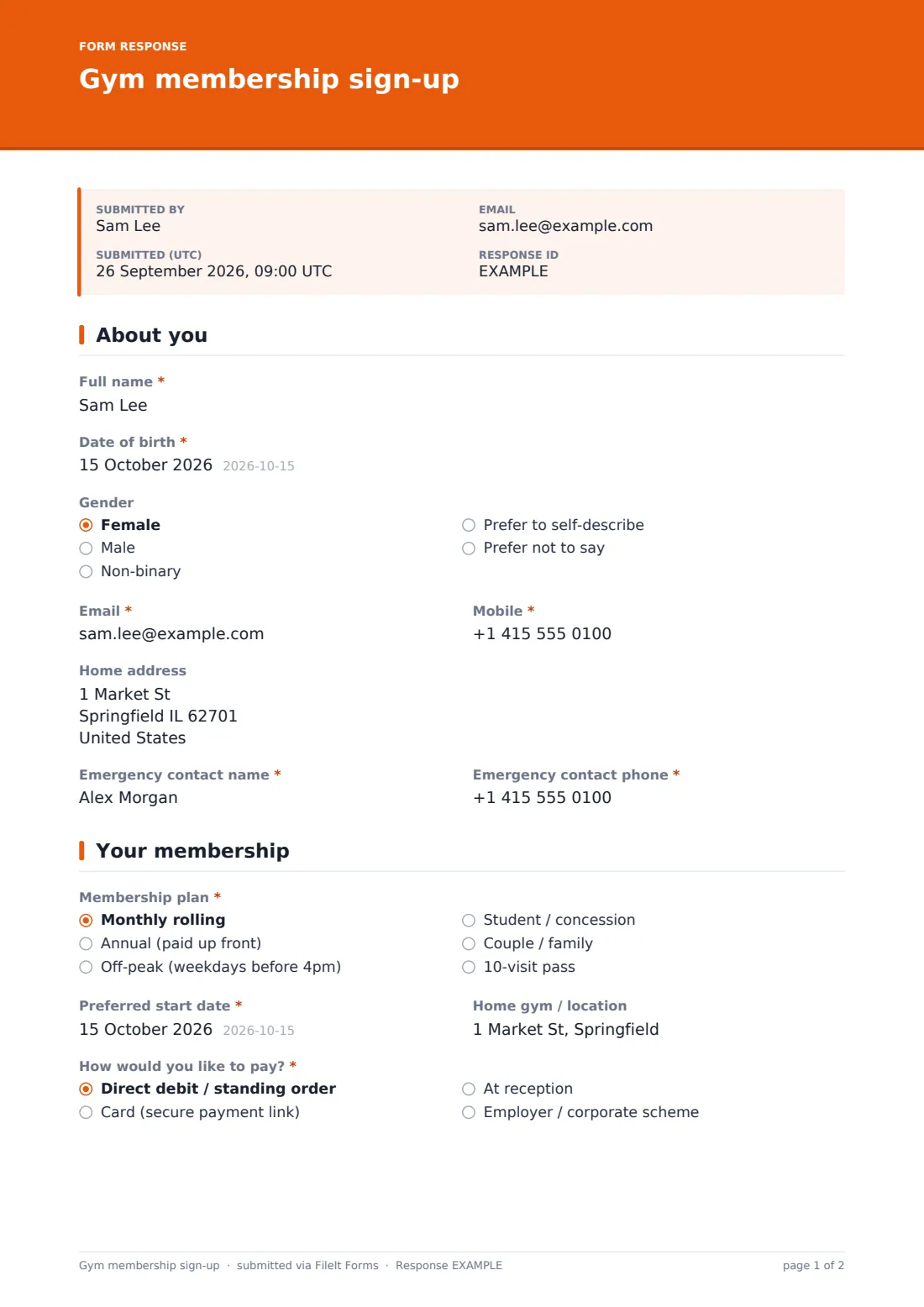 Gym membership sign-up — example response PDF, page 1 of 2