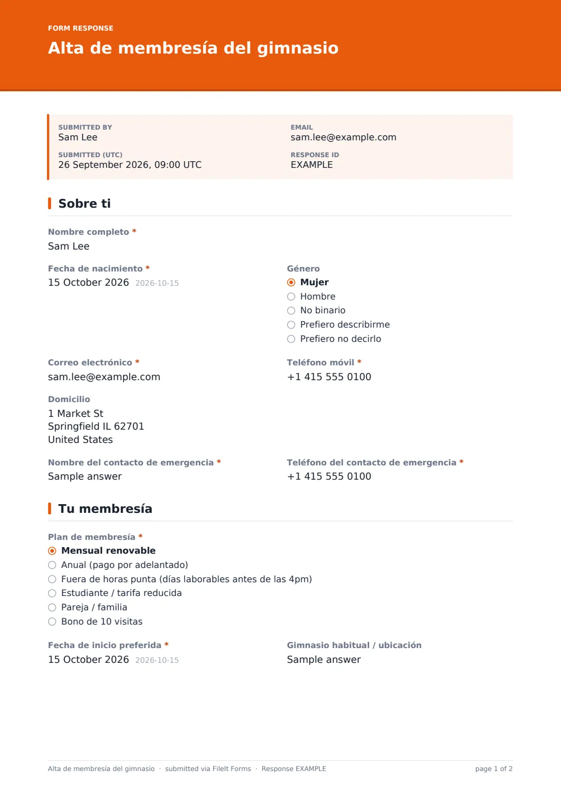 Alta de membresía del gimnasio — PDF de respuesta de ejemplo, página 1 de 2