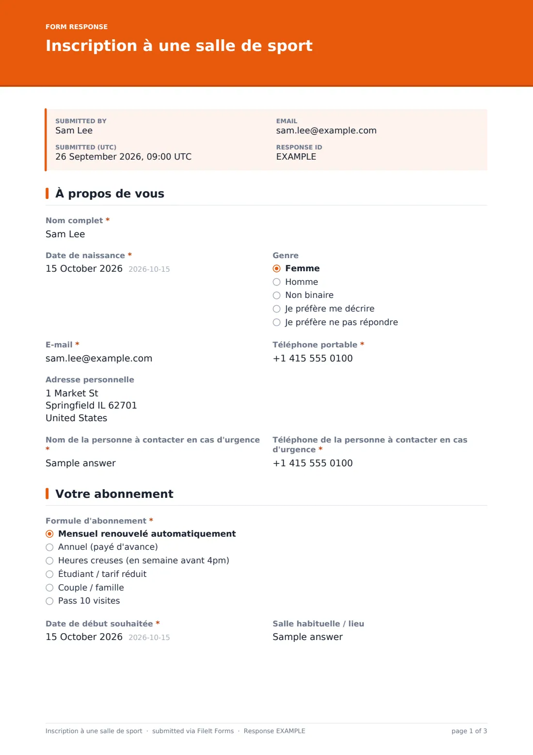 Inscription à une salle de sport — exemple de réponse au format PDF, page 1 sur 3