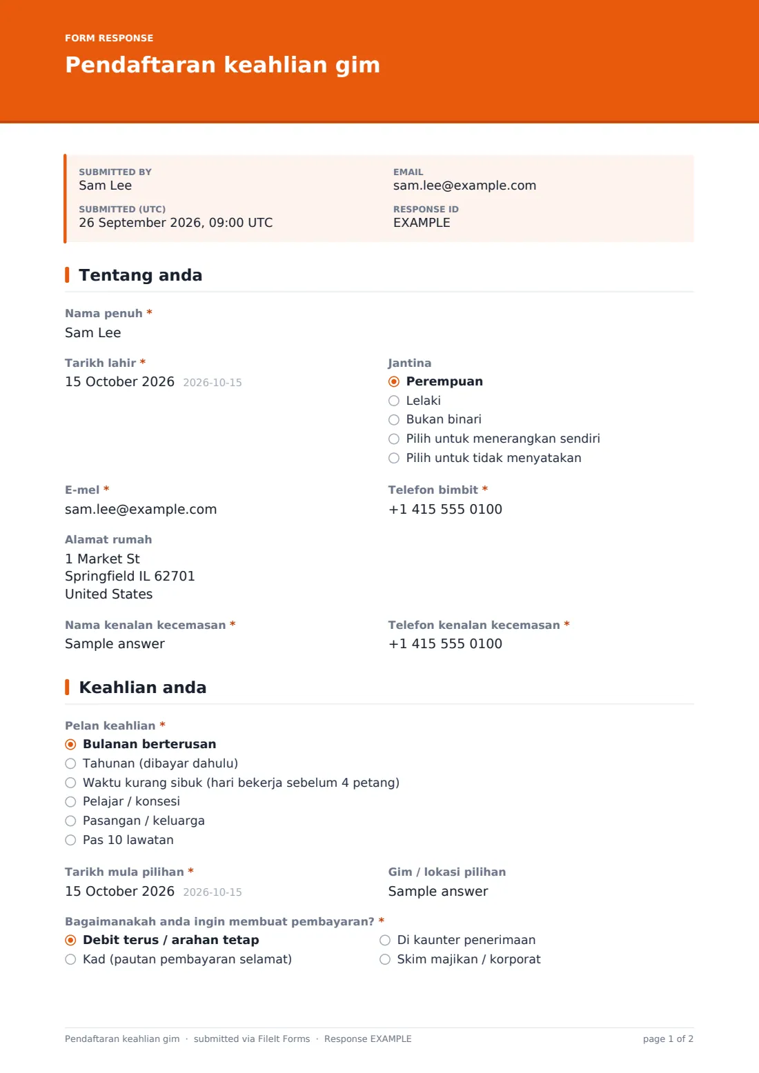 Pendaftaran keahlian gim — PDF respons contoh, halaman 1 daripada 2