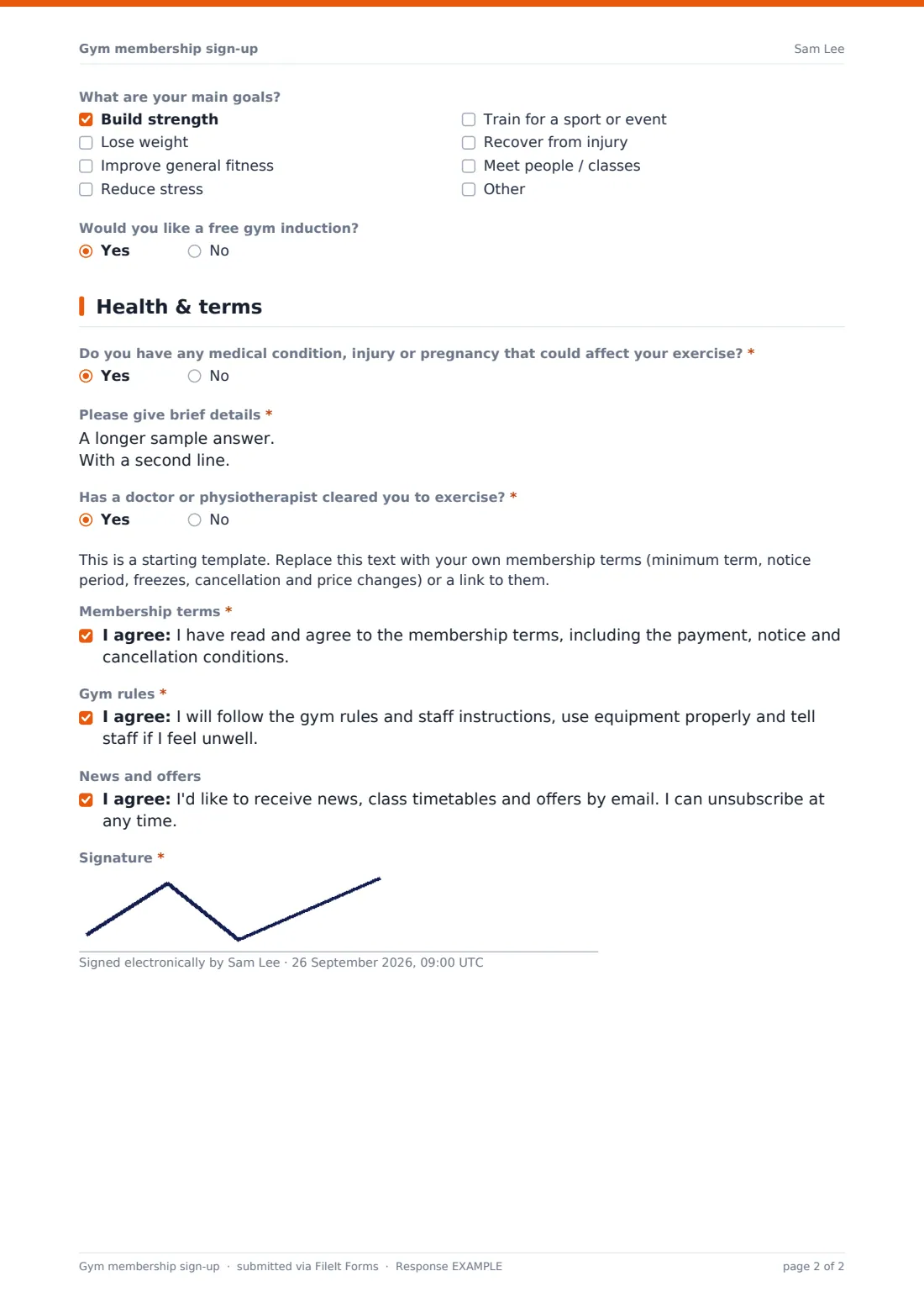 Gym membership sign-up — example response PDF, page 2 of 2