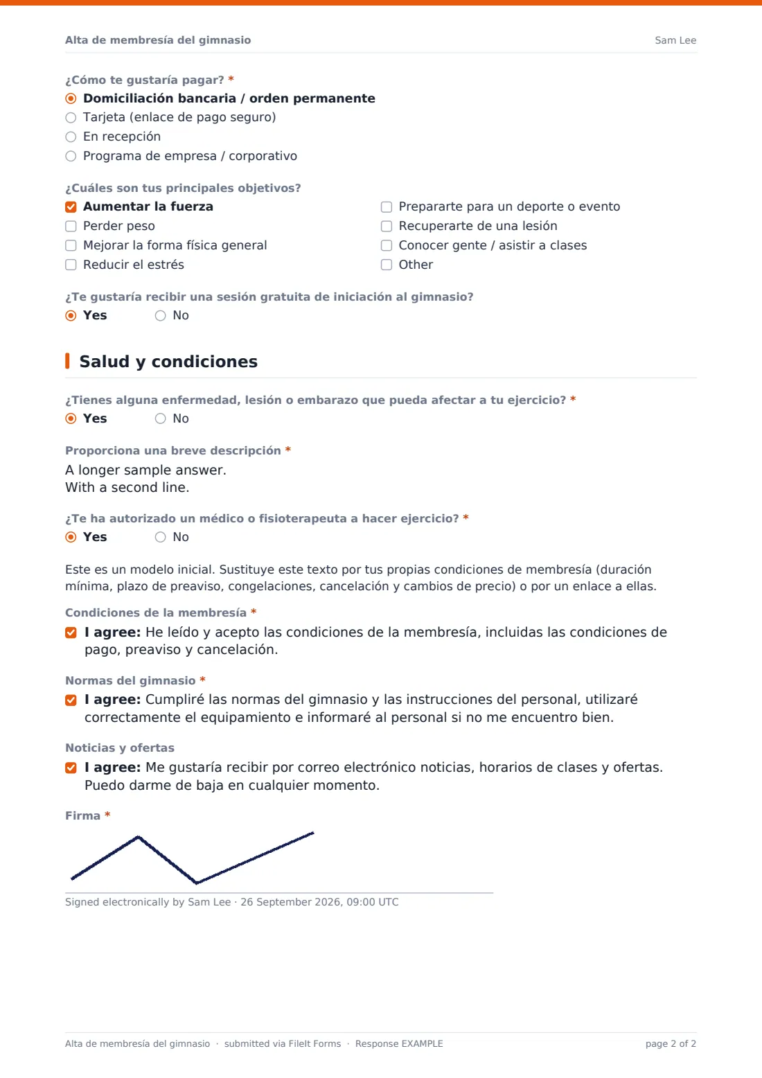 Alta de membresía del gimnasio — PDF de respuesta de ejemplo, página 2 de 2