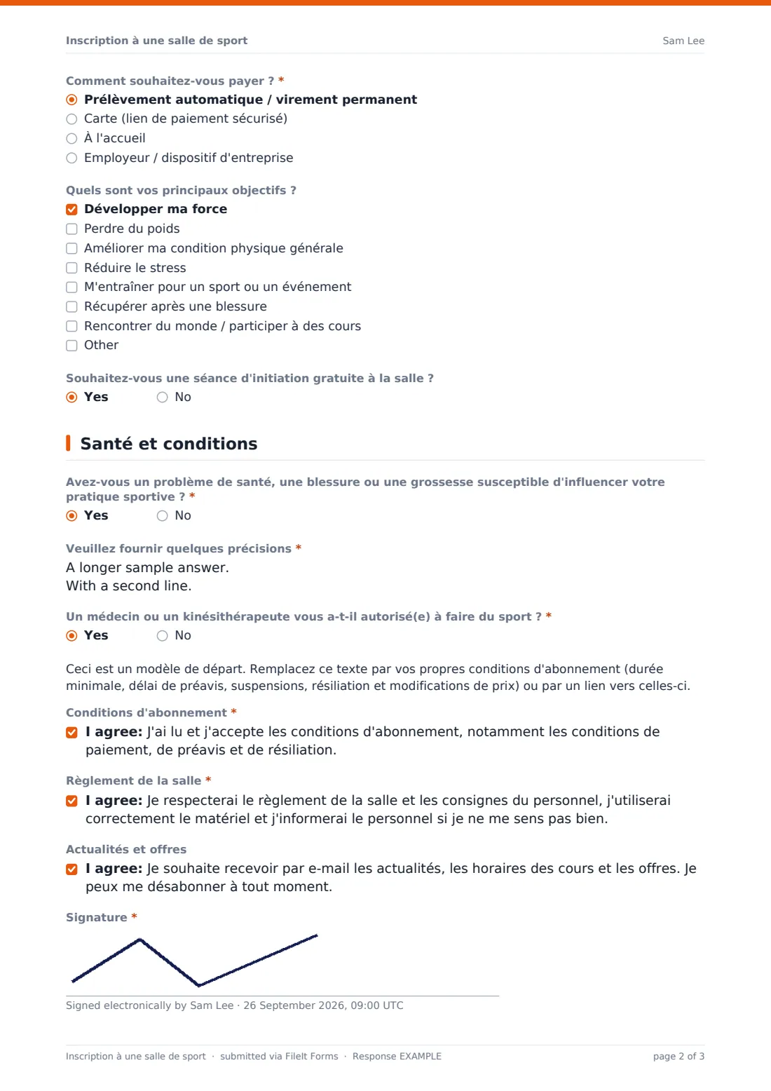 Inscription à une salle de sport — exemple de réponse au format PDF, page 2 sur 3