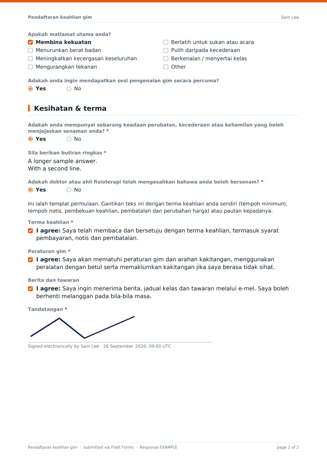 Pendaftaran keahlian gim — PDF respons contoh, halaman 2 daripada 2