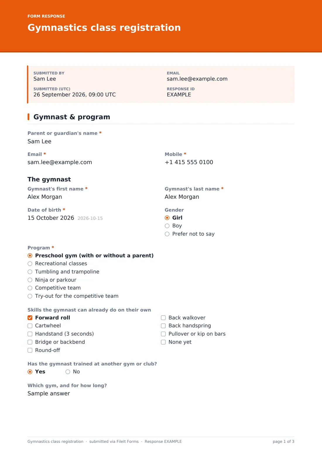 Gymnastics class registration — example response PDF, page 1 of 3