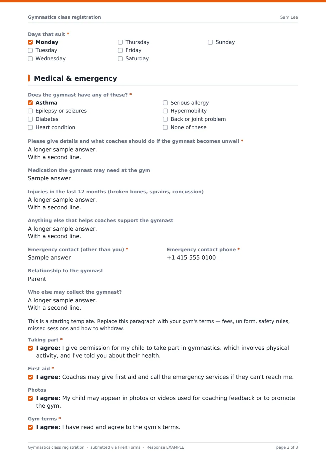 Gymnastics class registration — example response PDF, page 2 of 3