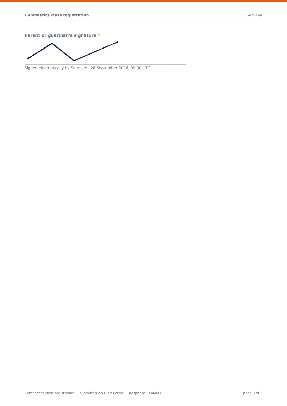 Gymnastics class registration — example response PDF, page 3 of 3