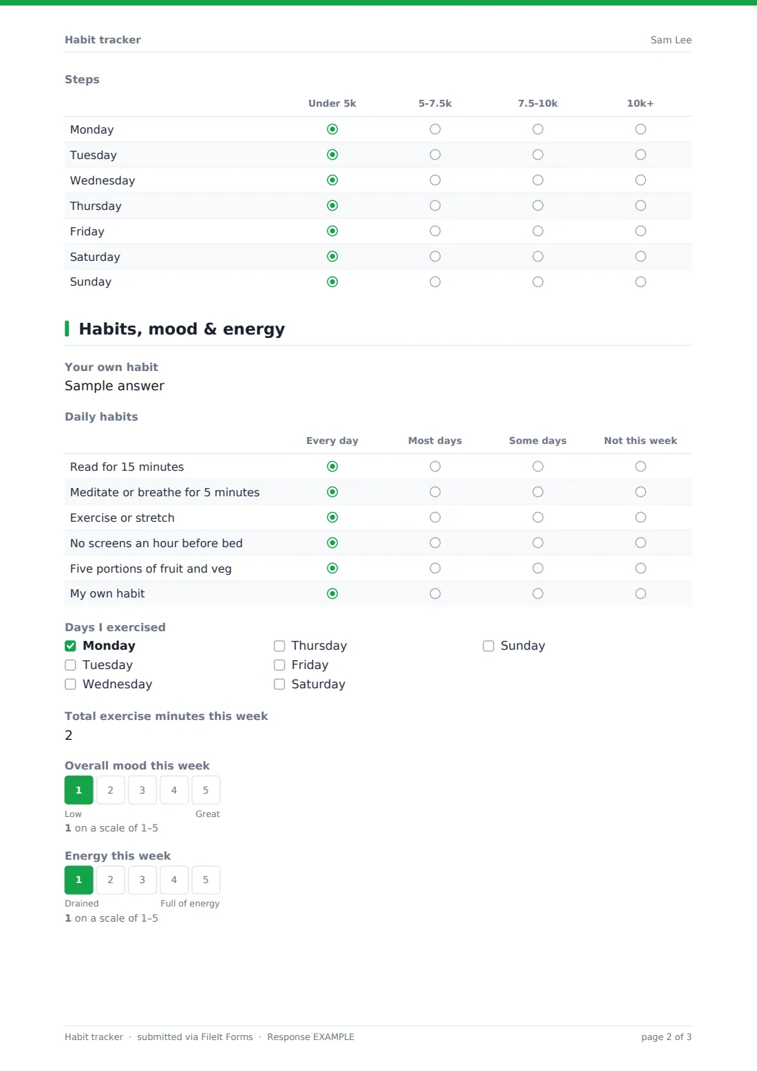 Habit tracker — example response PDF, page 2 of 3