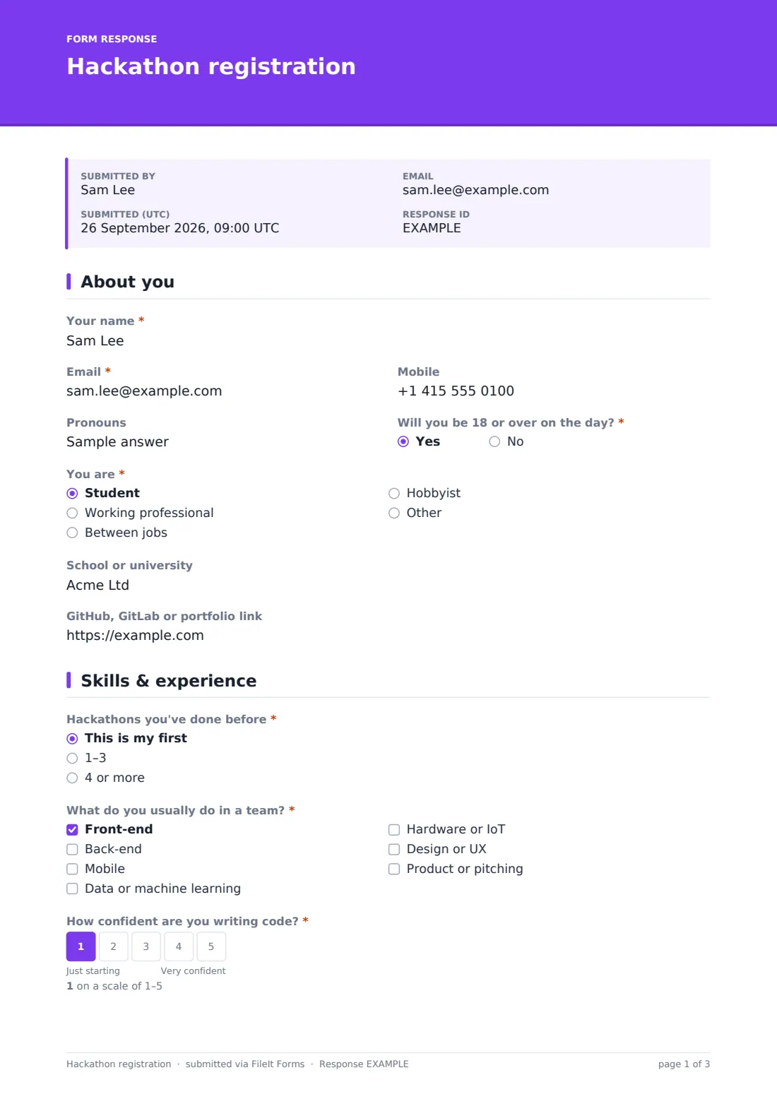 Hackathon registration — example response PDF, page 1 of 3