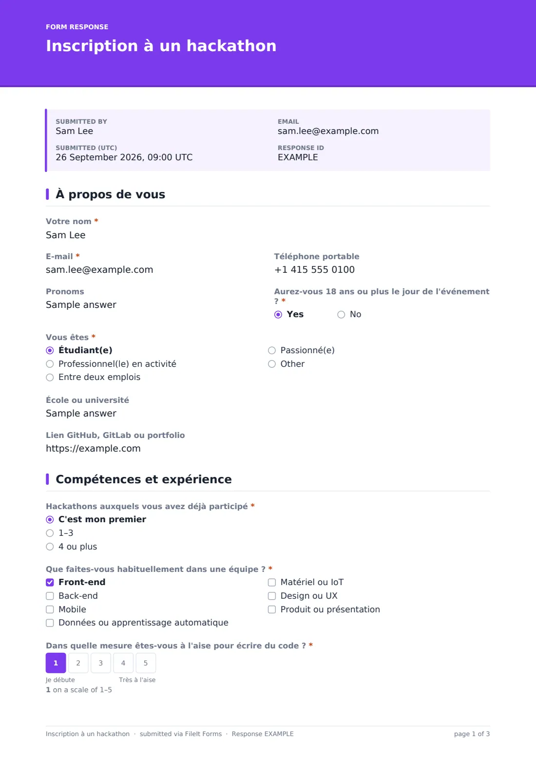 Inscription à un hackathon — exemple de réponse au format PDF, page 1 sur 3