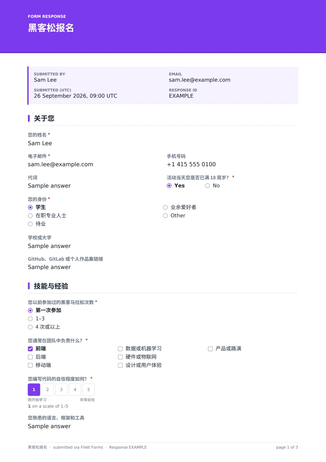 黑客松报名 — 示例回复 PDF，第 1 页，共 3 页