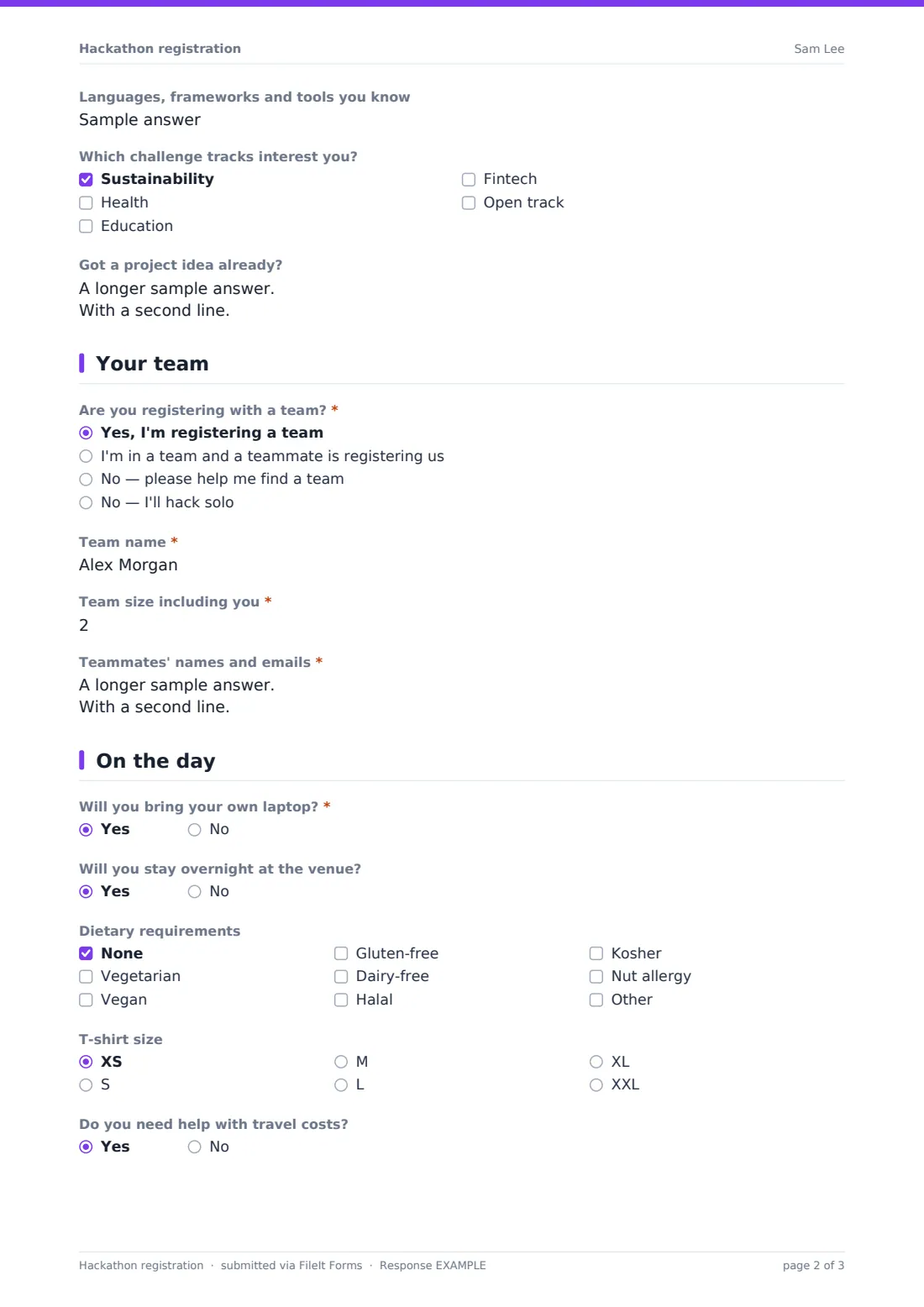 Hackathon registration — example response PDF, page 2 of 3