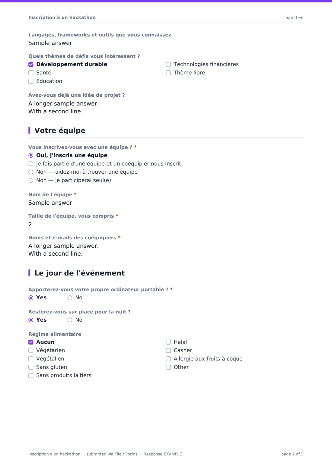 Inscription à un hackathon — exemple de réponse au format PDF, page 2 sur 3