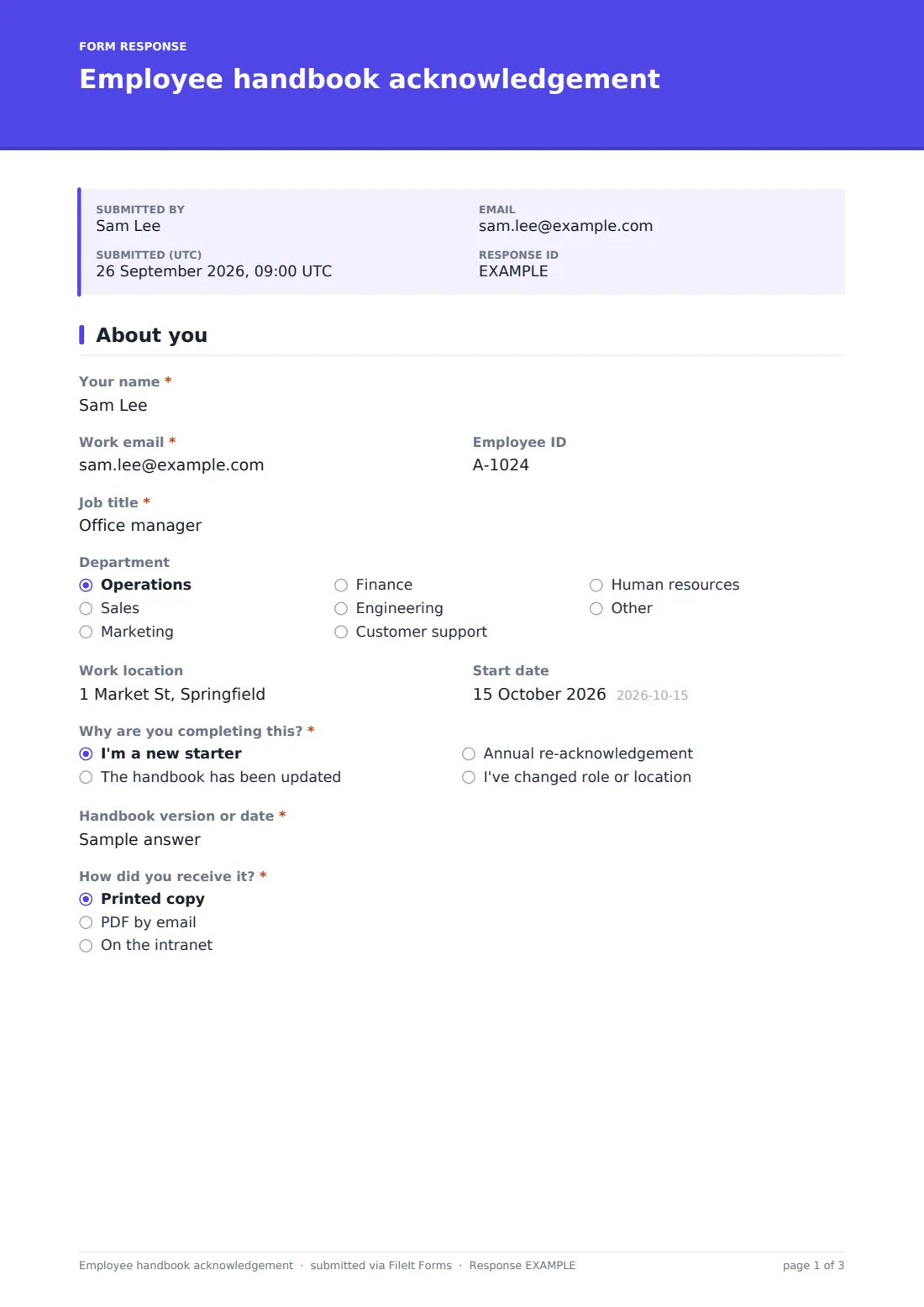 Employee handbook acknowledgement — example response PDF, page 1 of 3