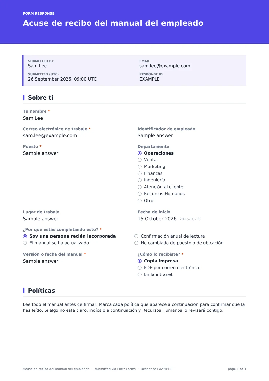 Acuse de recibo del manual del empleado — PDF de respuesta de ejemplo, página 1 de 3