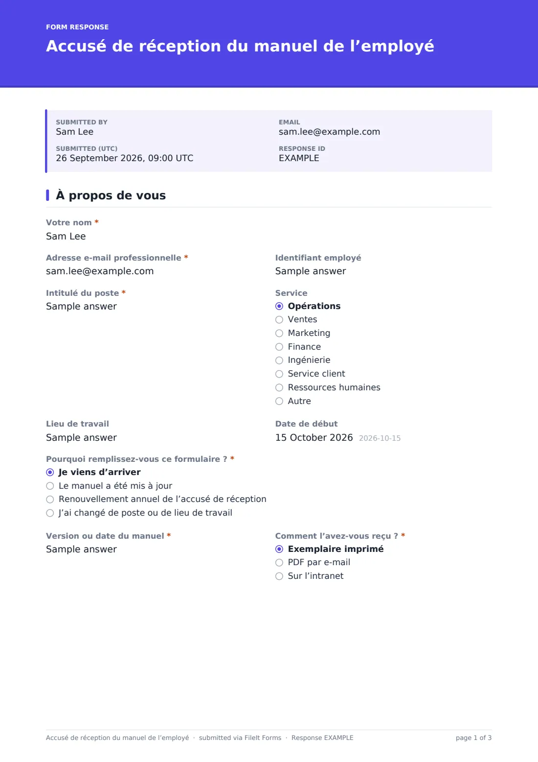 Accusé de réception du manuel de l’employé — exemple de réponse au format PDF, page 1 sur 3