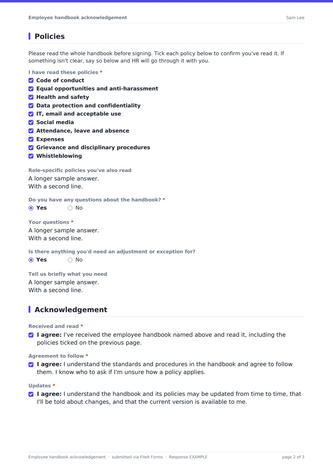 Employee handbook acknowledgement — example response PDF, page 2 of 3
