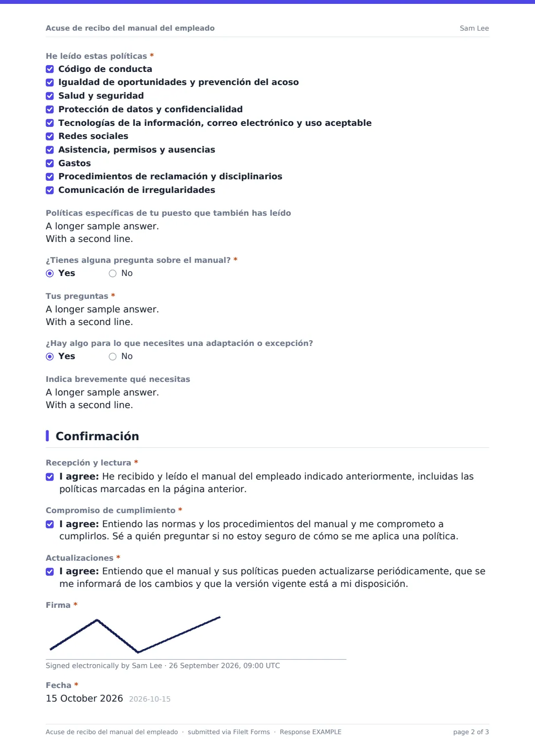 Acuse de recibo del manual del empleado — PDF de respuesta de ejemplo, página 2 de 3