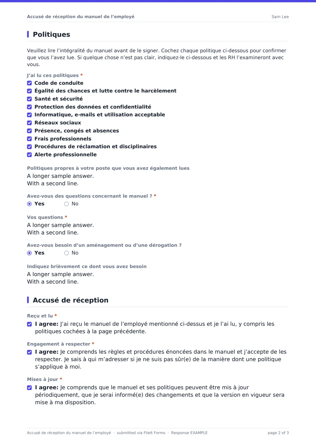 Accusé de réception du manuel de l’employé — exemple de réponse au format PDF, page 2 sur 3