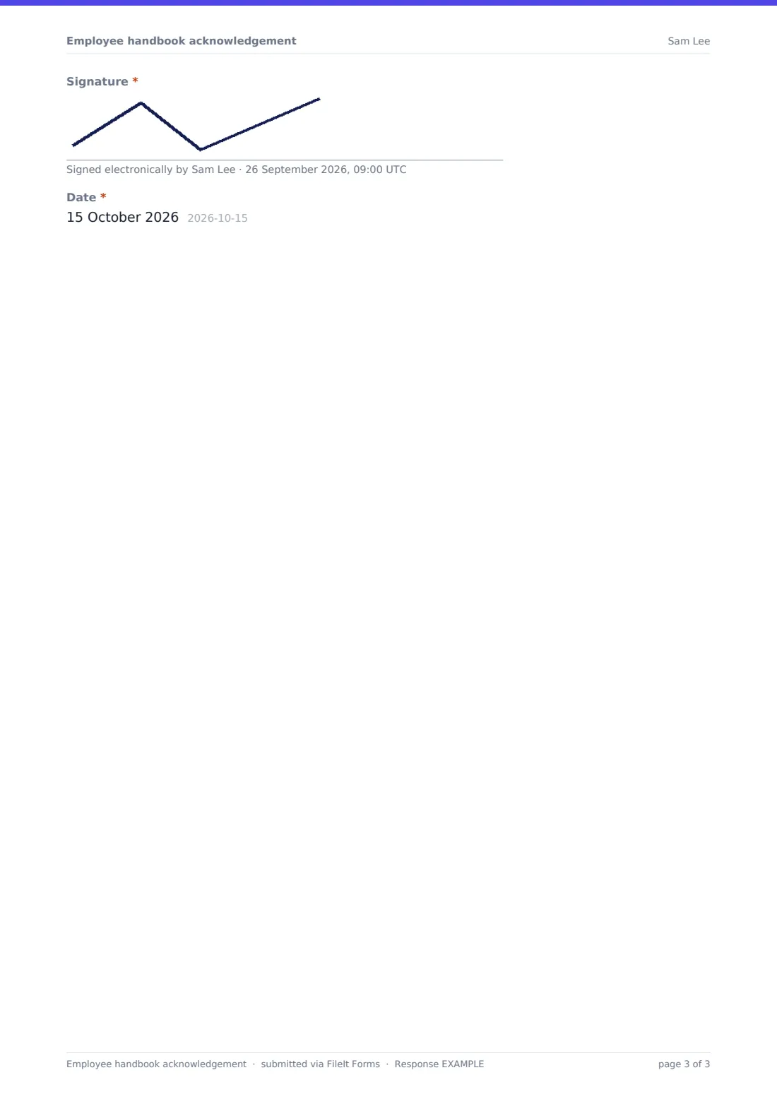 Employee handbook acknowledgement — example response PDF, page 3 of 3