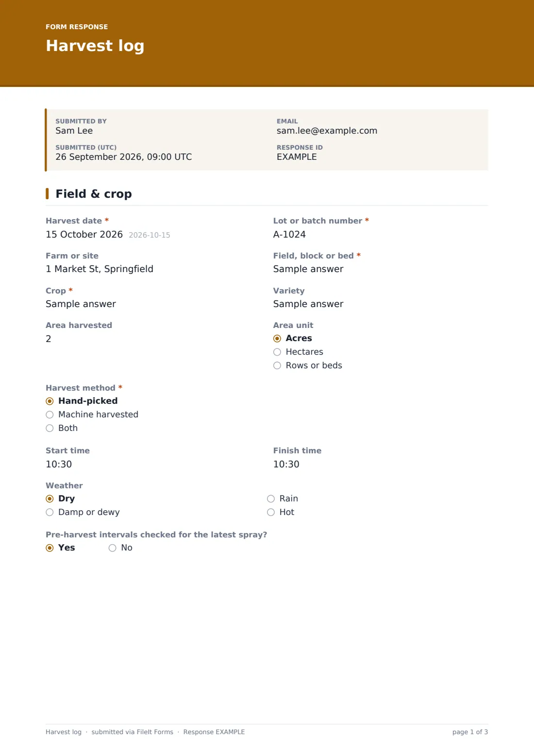 Harvest log — example response PDF, page 1 of 3