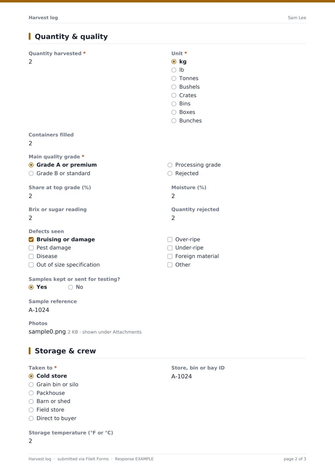 Harvest log — example response PDF, page 2 of 3