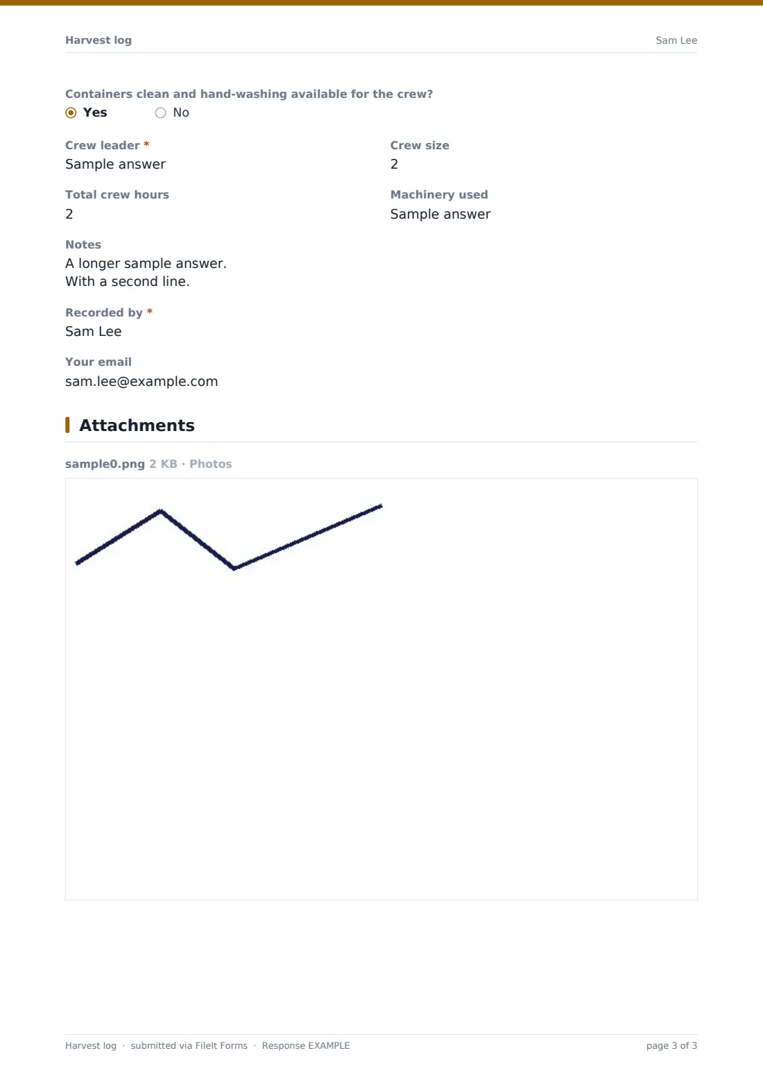 Harvest log — example response PDF, page 3 of 3