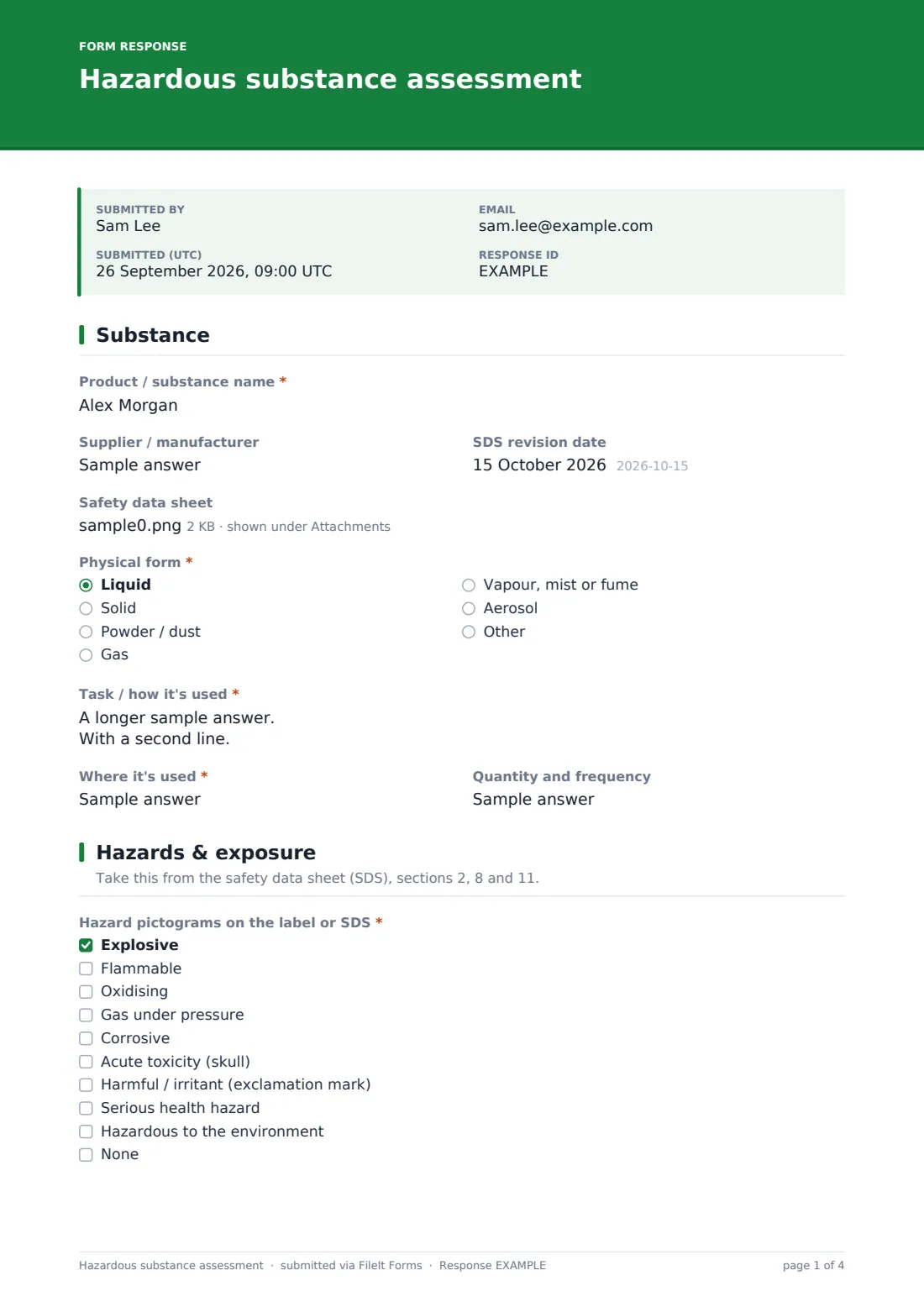 Hazardous substance assessment — example response PDF, page 1 of 4