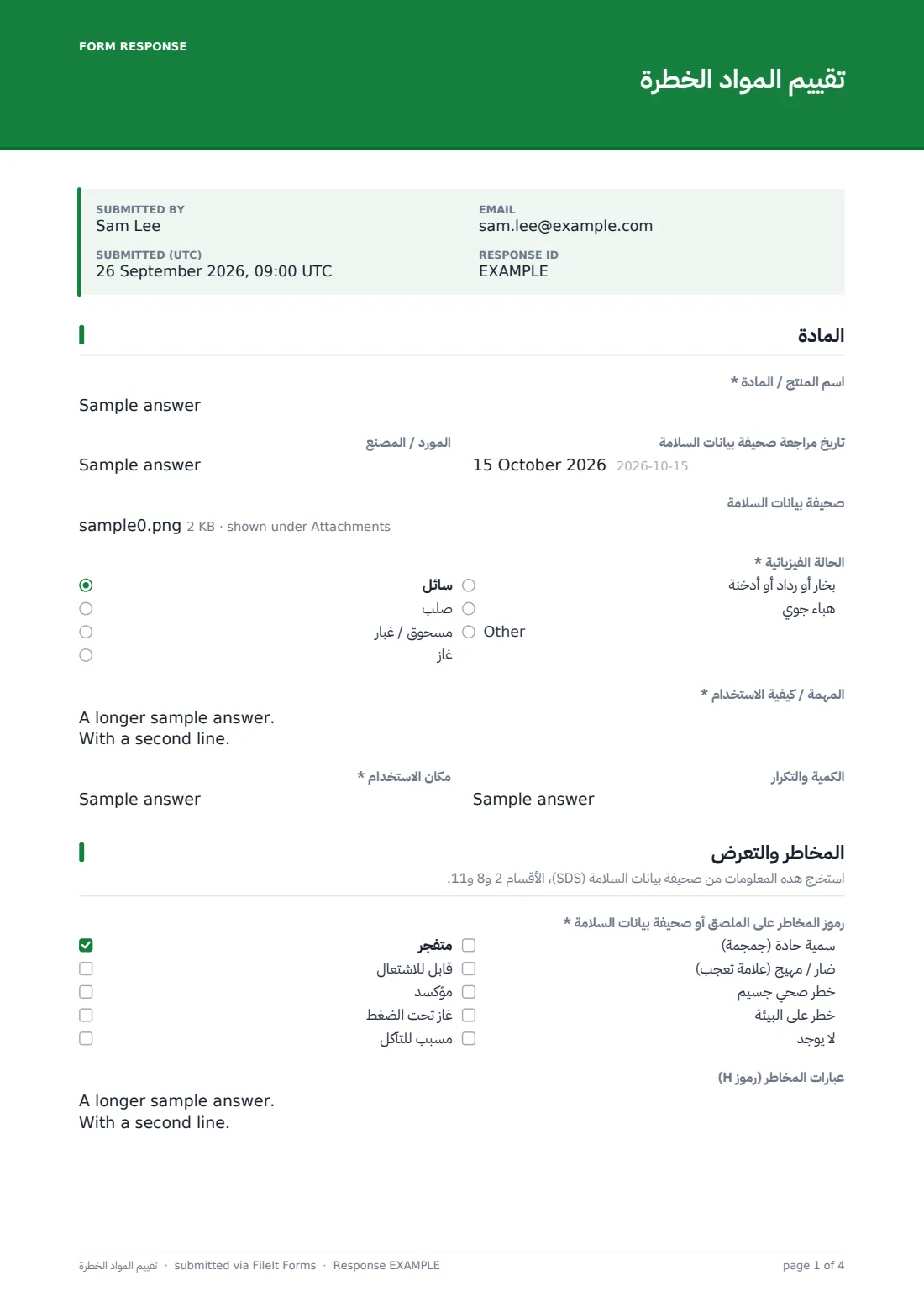 تقييم المواد الخطرة — ملف PDF لرد نموذجي، الصفحة 1 من 4