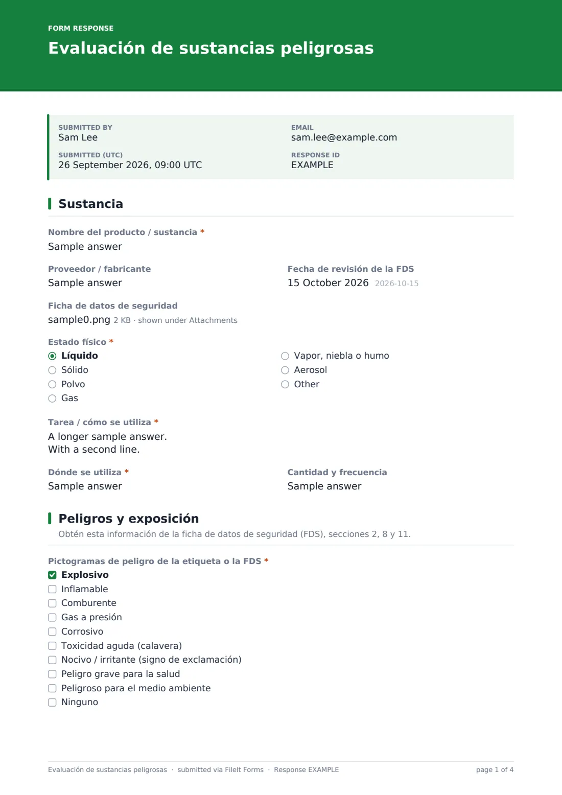 Evaluación de sustancias peligrosas — PDF de respuesta de ejemplo, página 1 de 4