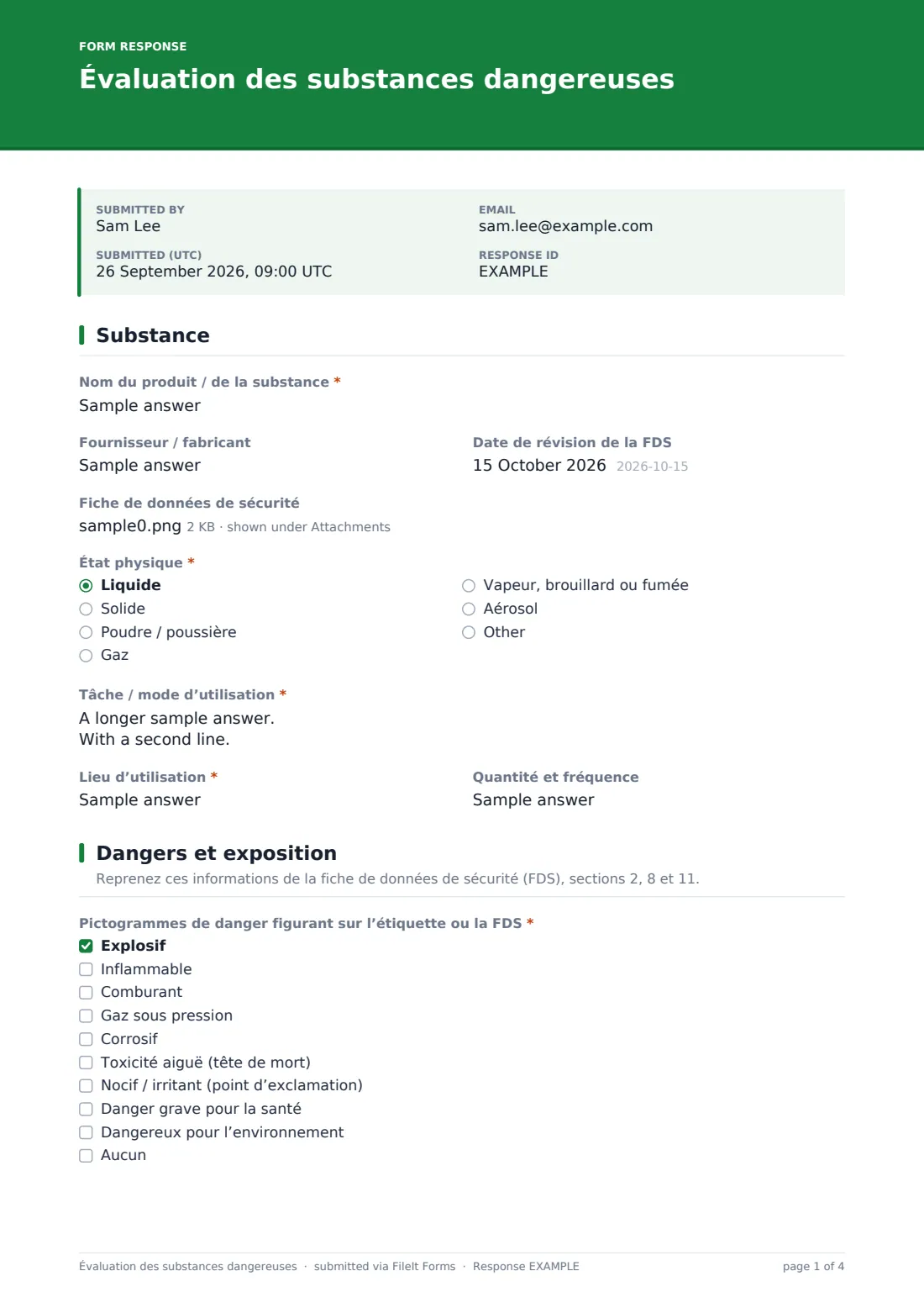 Évaluation des substances dangereuses — exemple de réponse au format PDF, page 1 sur 4