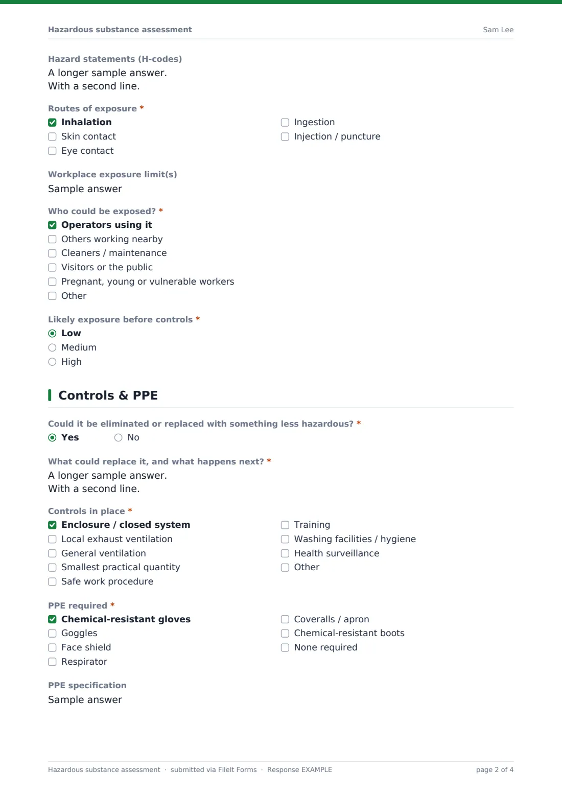 Hazardous substance assessment — example response PDF, page 2 of 4